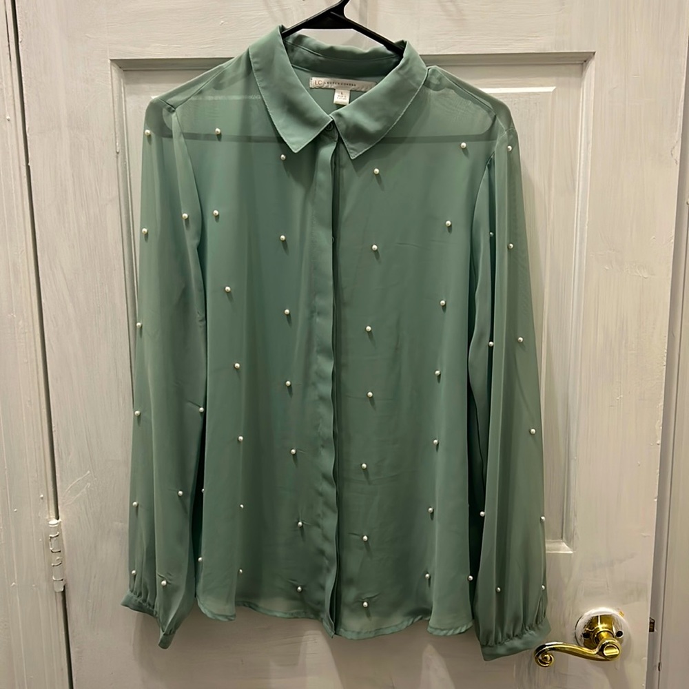 Sheer muted green with pearls beautifully made blouse. Lauren Conrad -large